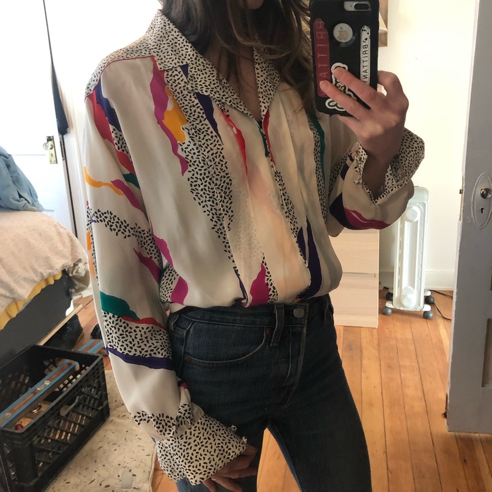 Funky 80’s Patterned Balloon Sleeve Blouse